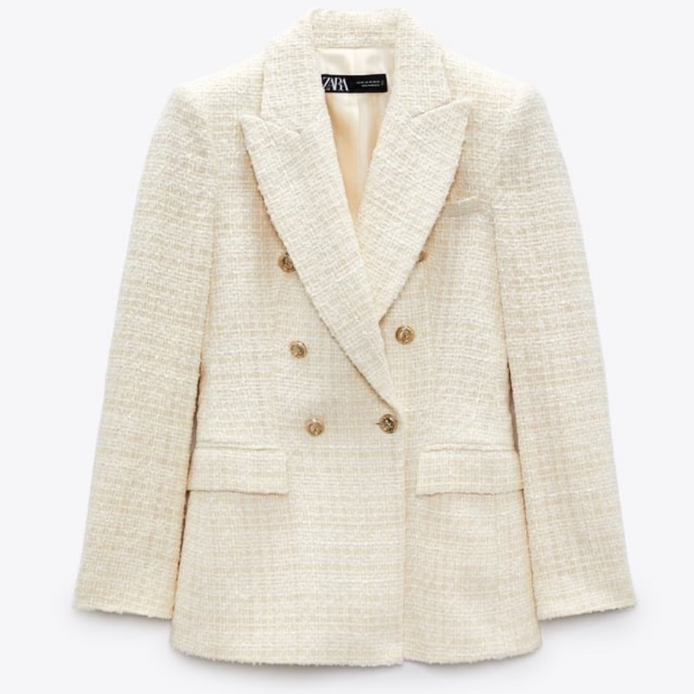 Zara Textured Double Breasted Off-White Beige Blazer | EUR L US L